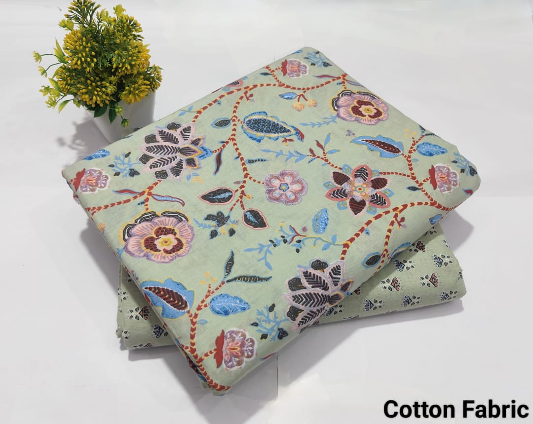 Light Green Floral Printed Top & Bottom Suit Set – Elegant Cotton Suit Material (MVTB42)