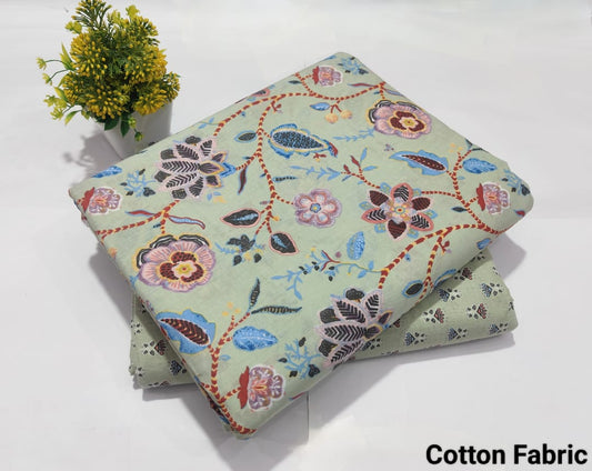 Light Green Floral Printed Top & Bottom Suit Set – Elegant Cotton Suit Material (MVTB42)