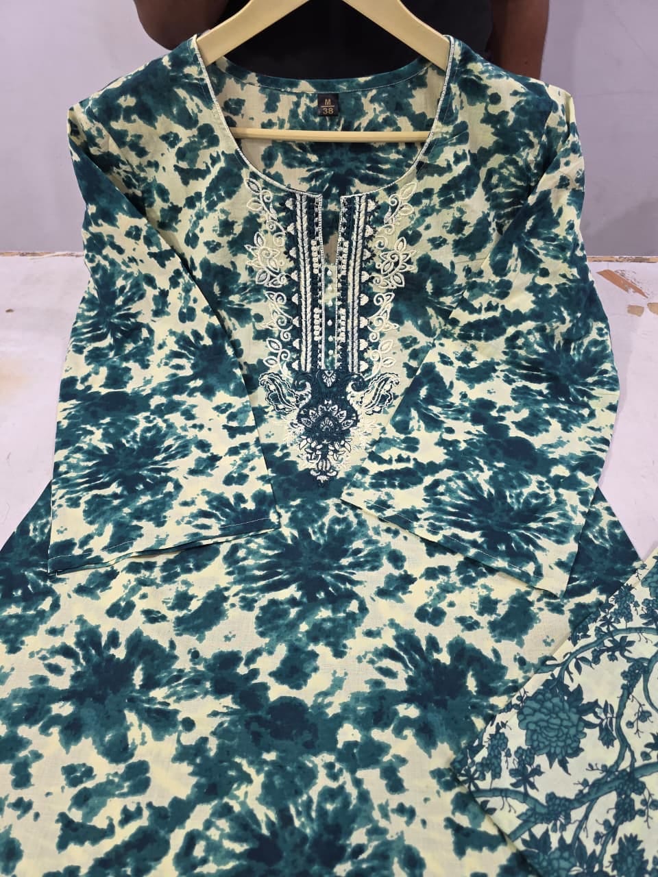 Blue Tie & Dye Pure Cotton Kurti Pant Set with Embroidery