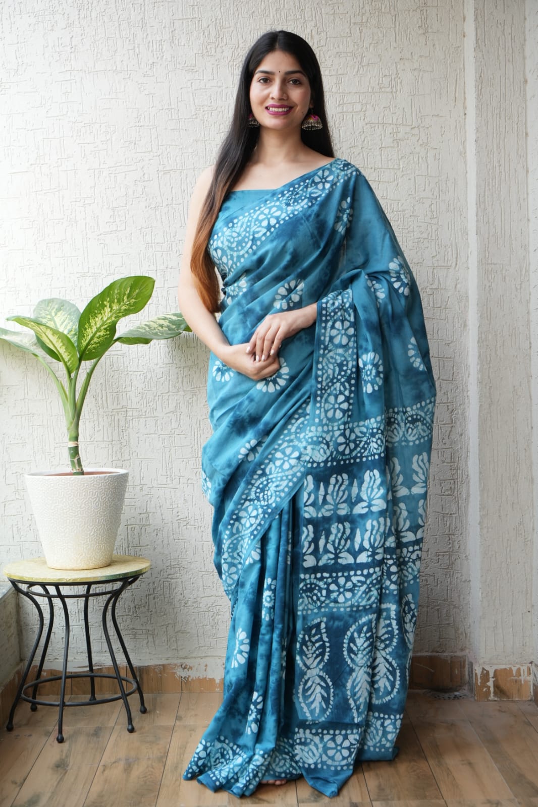 Teal Blue Hand Block Printed Cotton Saree with Blouse (MVCS64)