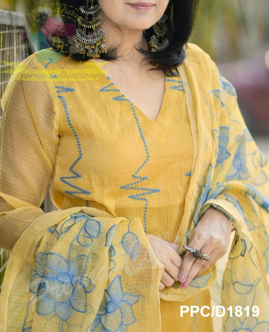 Yellow Kota Doriya Embroidered Kurti Pant Dupatta Set for Women