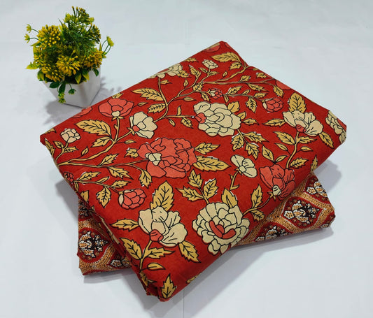 Rust Red Floral Printed Cotton Fabric – Elegant Kurti Dress Material (MVTB81)