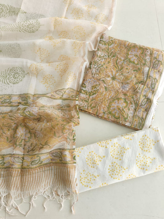 Ivory Yellow Floral Hand Block Print Kota Doriya Suit (MVFKO60)