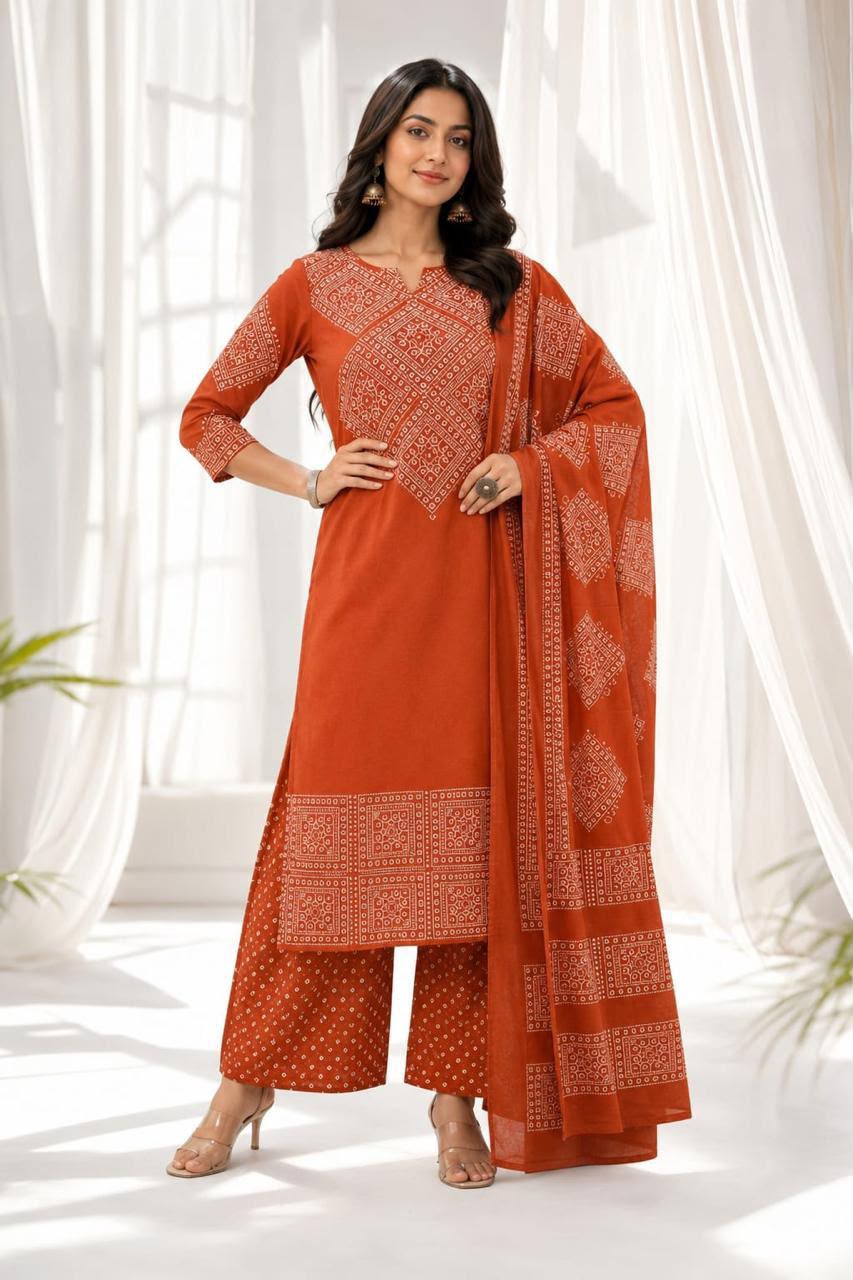 Rust Orange Bandhani Print Cotton Kurti Palazzo Dupatta Set