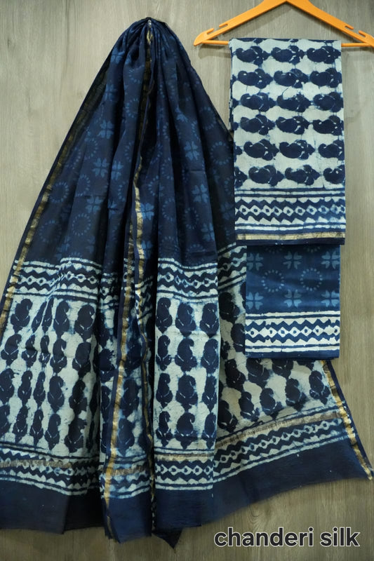 Indigo Blue & White Dabu Batik Hand Block Print Chanderi Silk Dress Material (MVCHS35)
