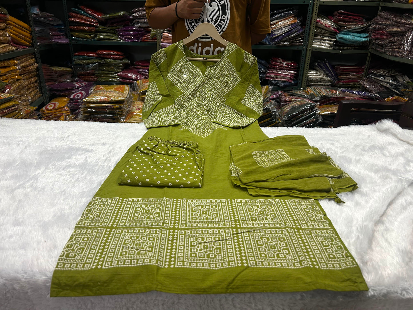 Green Bandhani Print Cotton Kurti Palazzo Dupatta Set