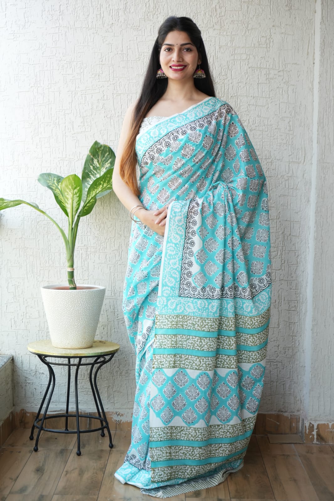 Aqua Blue Hand Block Printed Cotton Saree with Blouse (MVCS67)