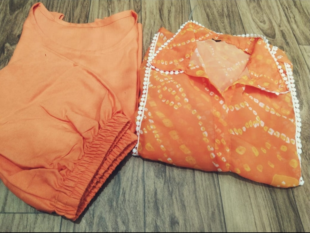 Orange Bandhani Print Asymmetric Kurti with Palazzo Set