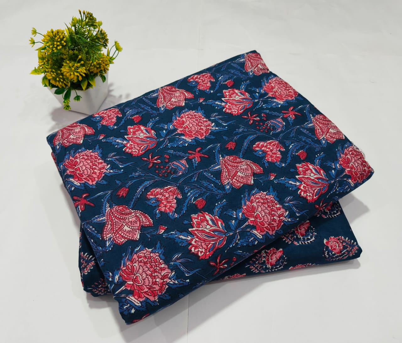 Navy Blue Pink Floral Cotton Fabric – Soft Printed Dress Material (MVTB71)