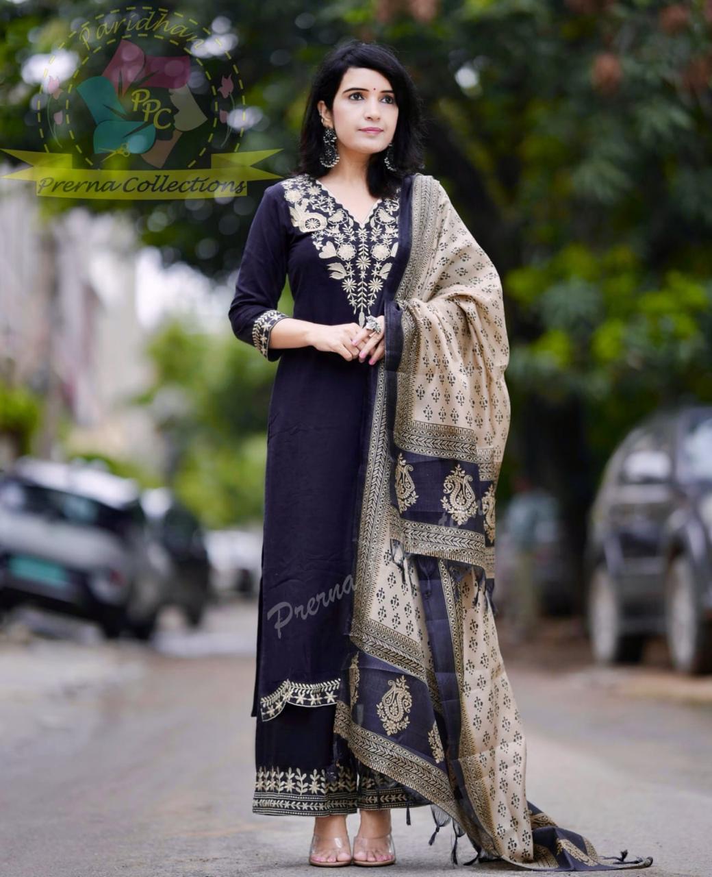 Brown Khadi Cotton Kurti Pant Dupatta Set with Embroidery for Women