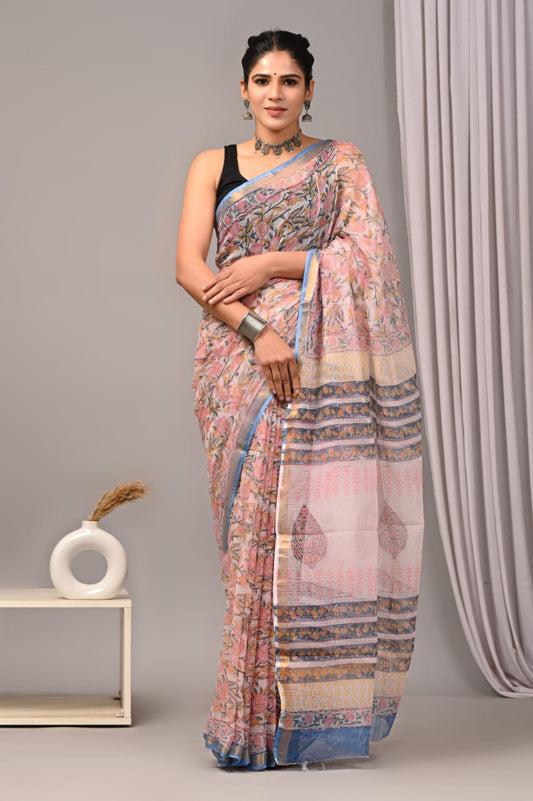 Ivory Pink Blue Kota Doriya Saree | Floral Hand Block Print | Pigment Special (MVKS49)