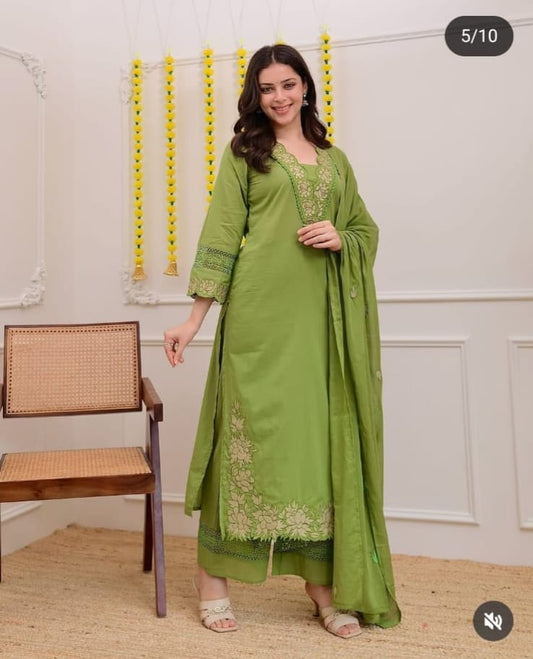 Olive Green Embroidered Kurta Set for Women | Floral Embroidery Kurta Pant Dupatta Set