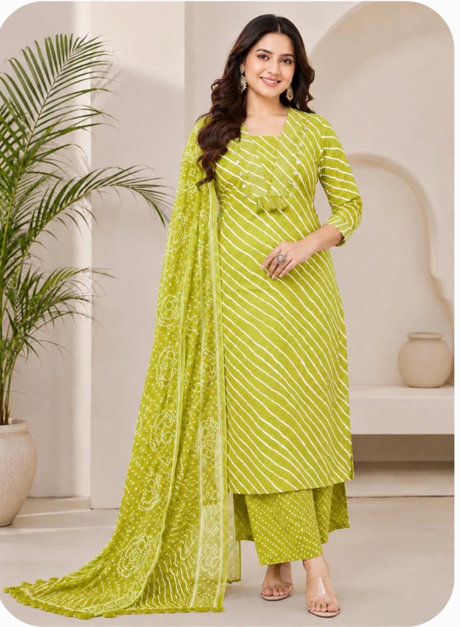 Mehendi Green Lehariya Print Pure Cotton Suit Set | Kurti