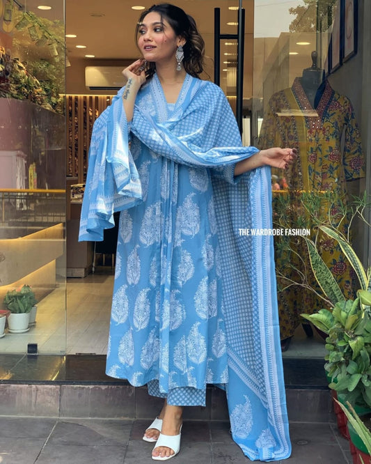 Blue Cotton Printed Kurti Palazzo Set with Malmal Dupatta for Women