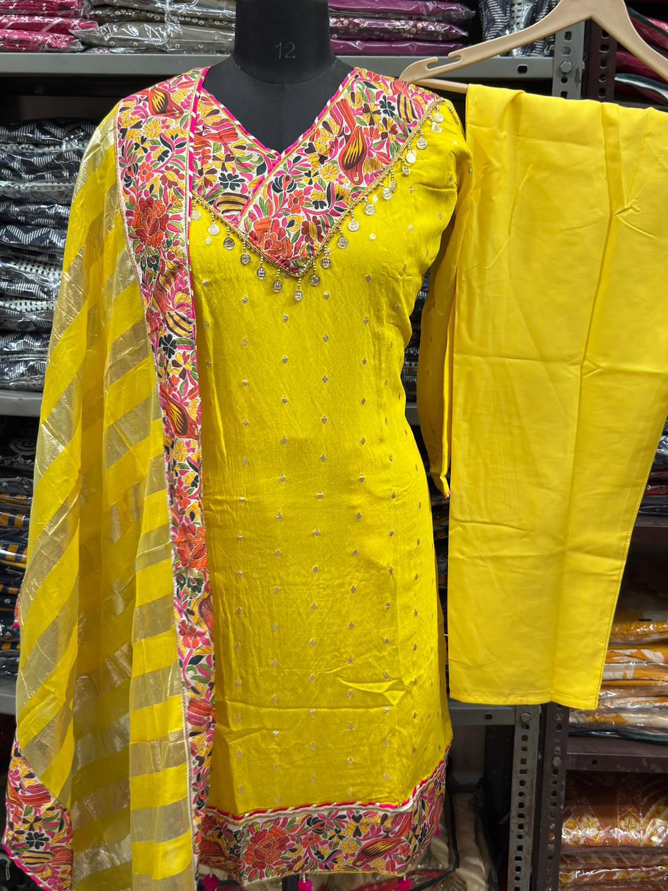 Yellow Chanderi Jacquard Embroidered Kurta Set with Dupatta – Designer