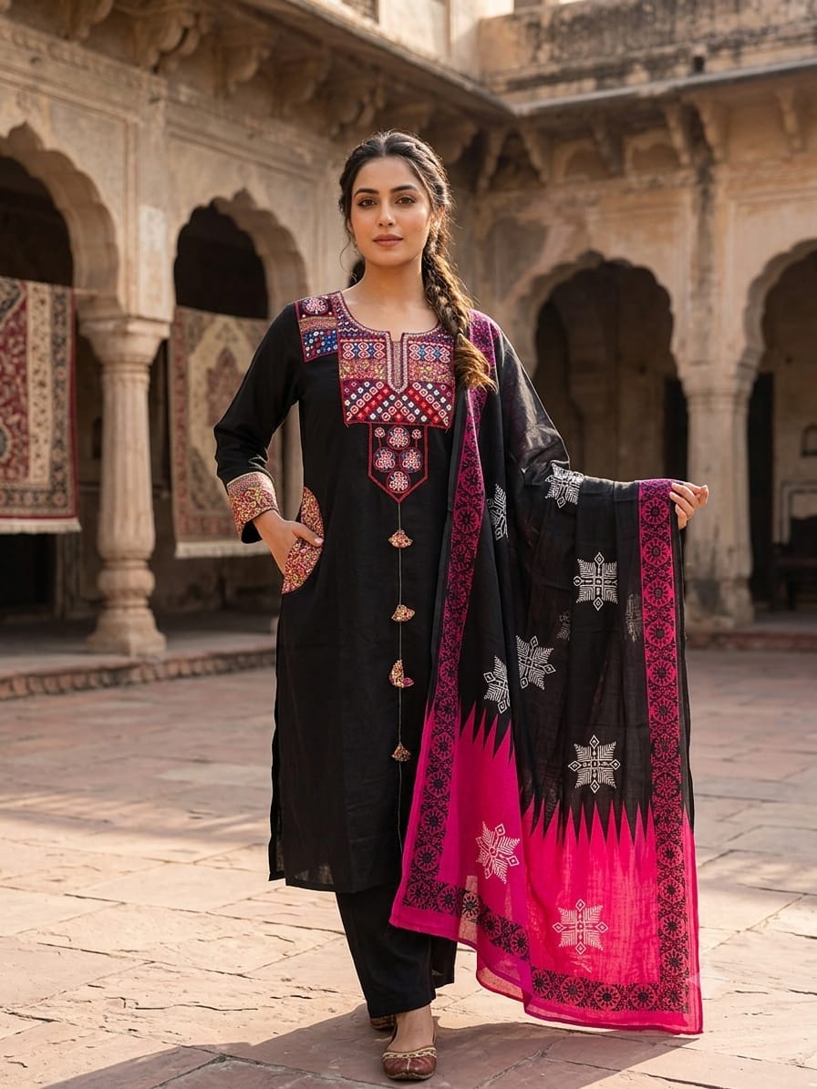Black Heavy Cotton Embroidered Kurti Set | Pocket Kurta with Pink Dupatta