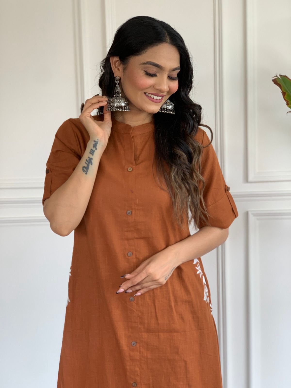 Rust Brown South Cotton Kurta Set with Hand Embroidery | Premium Cotton A-Line Plazo Set