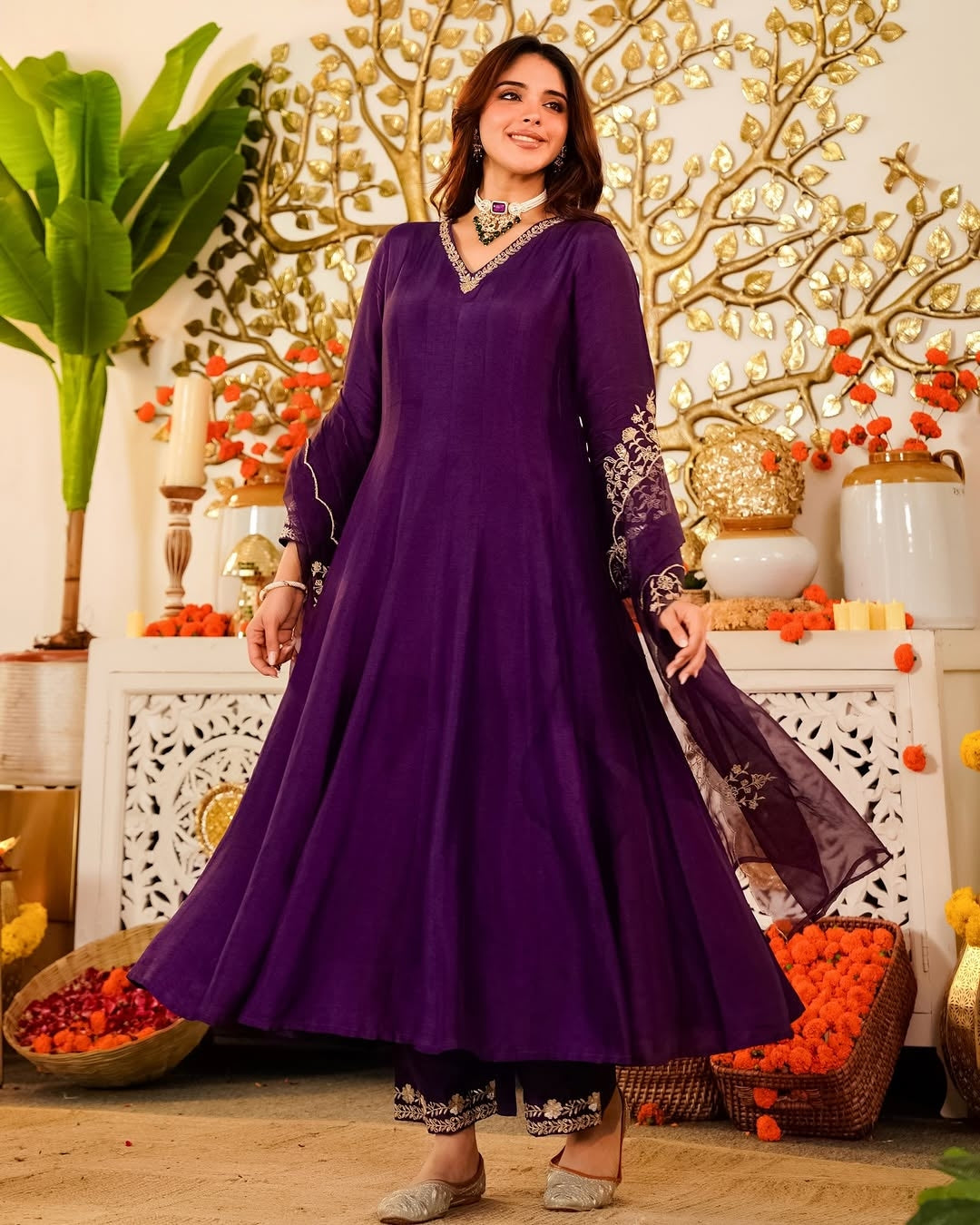 Purple Chinon Silk Anarkali Kurti Pant Dupatta Set for Women