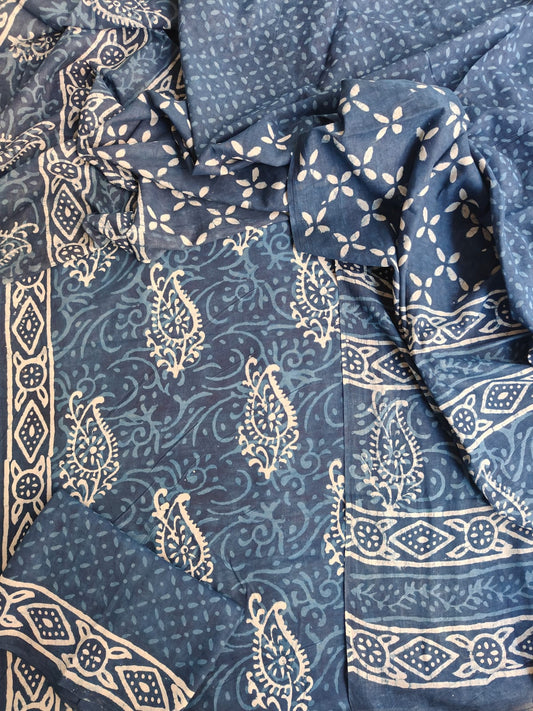 Indigo Blue Hand Block Printed Cotton Suit Set with Dupatta | Ethnic Wear (MVCOT87)
