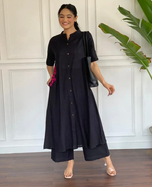 Classic Black South Cotton Kurta Set with Embroidery | Premium A-Line Cotton Plazo Set