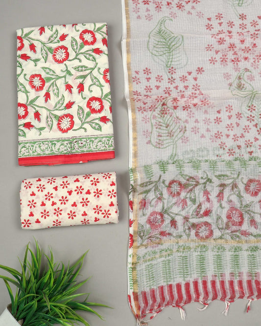 White & Red Floral Vine Hand Block Printed Cotton Suit with Kota Doria Dupatta | Sanganeri Pigment Print (MVCOTKD14)