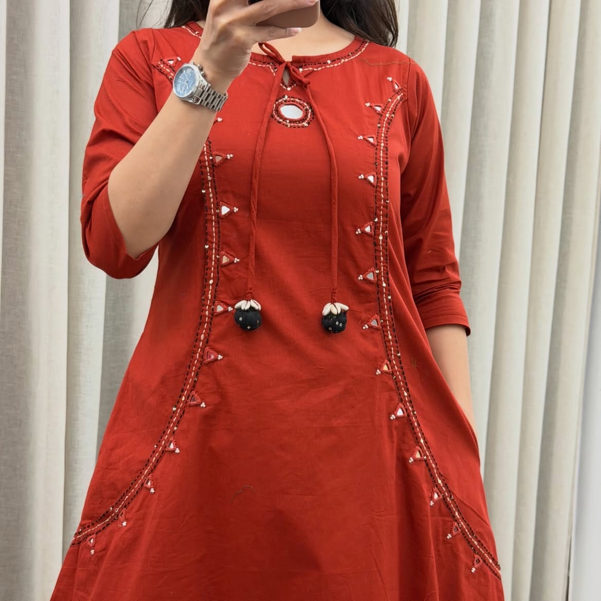 Rust Red Embroidered Kurti with Pant & Malmal Dupatta