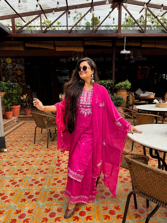Magenta Pink Chikankari Embroidered Sharara Suit for Women