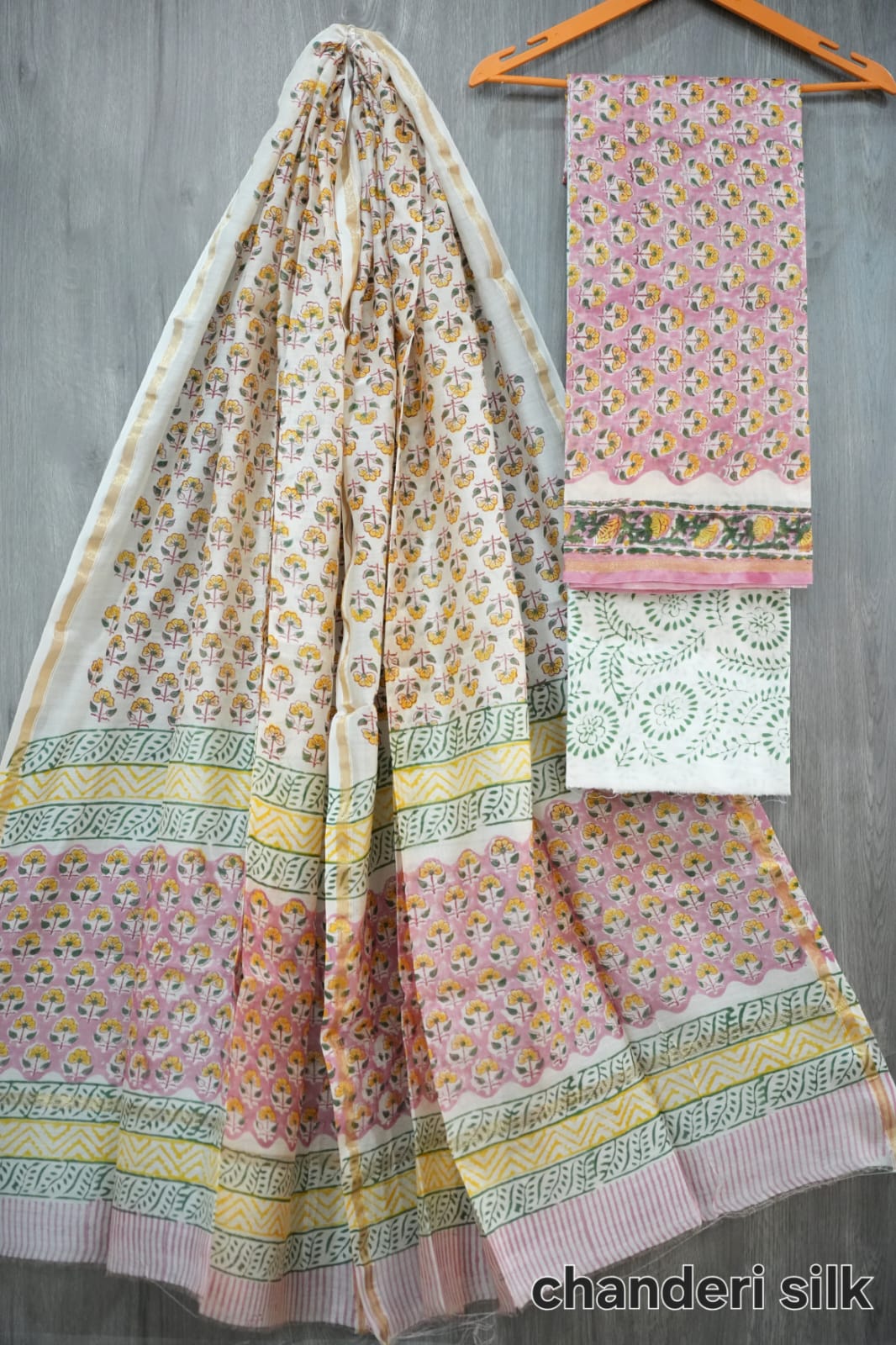 Pink & Yellow Small Floral Butti Hand Block Print Chanderi Silk Suit Material (MVCHS17)