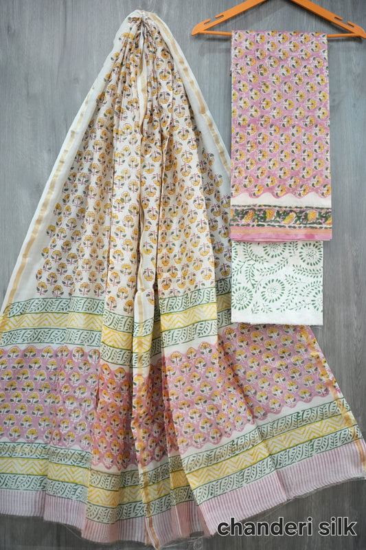 Pink & Yellow Small Floral Butti Hand Block Print Chanderi Silk Suit Material (MVCHS17)