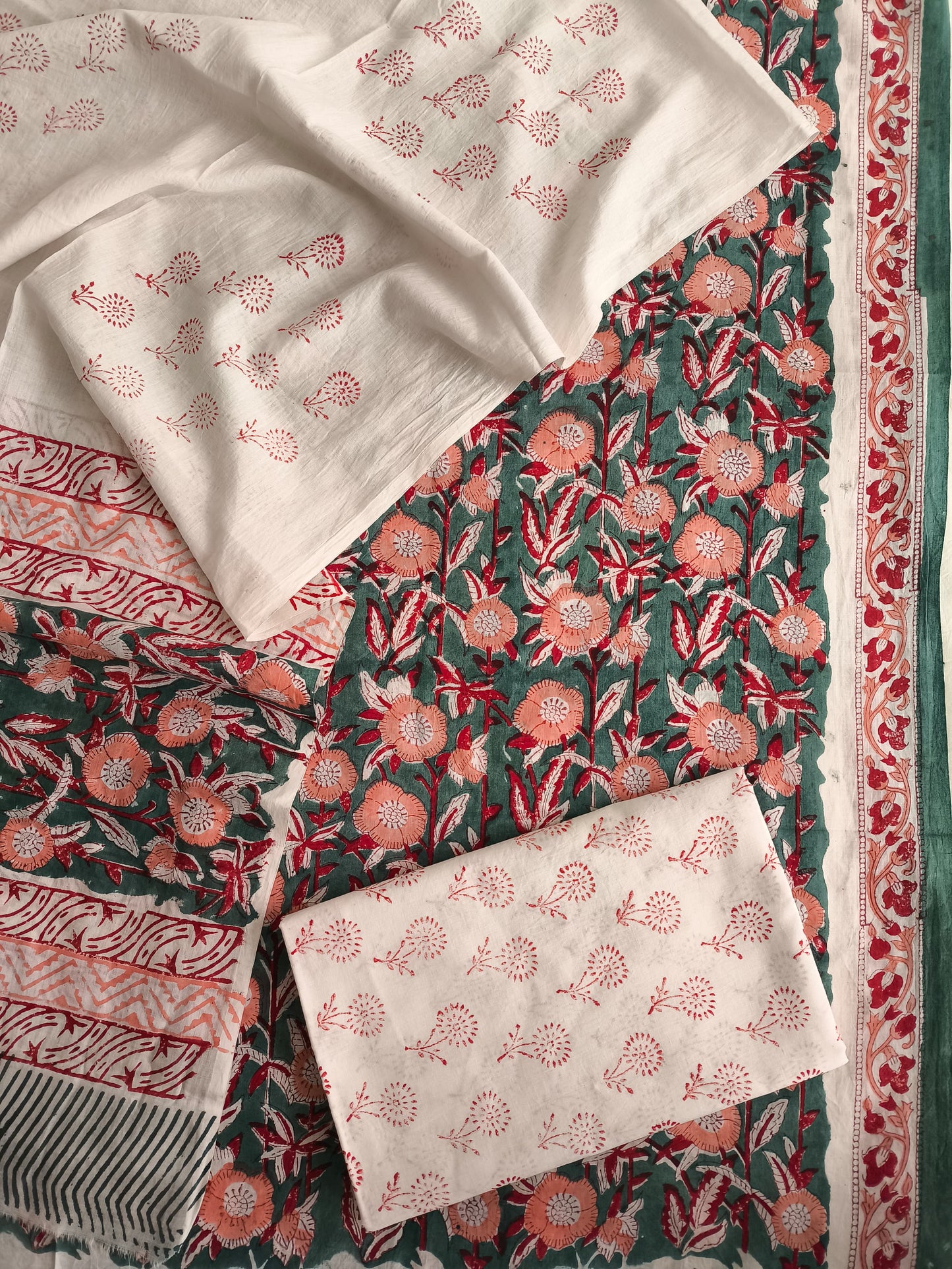 Red Green Hand Block Printed Cotton Suit Set with Floral Design (MVCOT20)