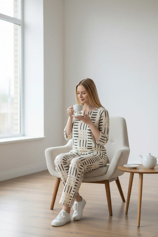 White Black Printed Cotton Night Suit for Women | Modern Sleepwear (MVNS56)