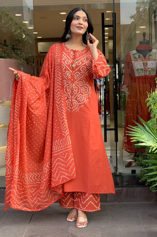 Orange Cotton Bandhani Kurti Set for Women | Kurta Pant Dupatta Set