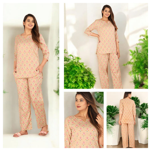 Peach Floral Cotton Night Suit for Women | Comfortable Nightwear Set (MVNS28)