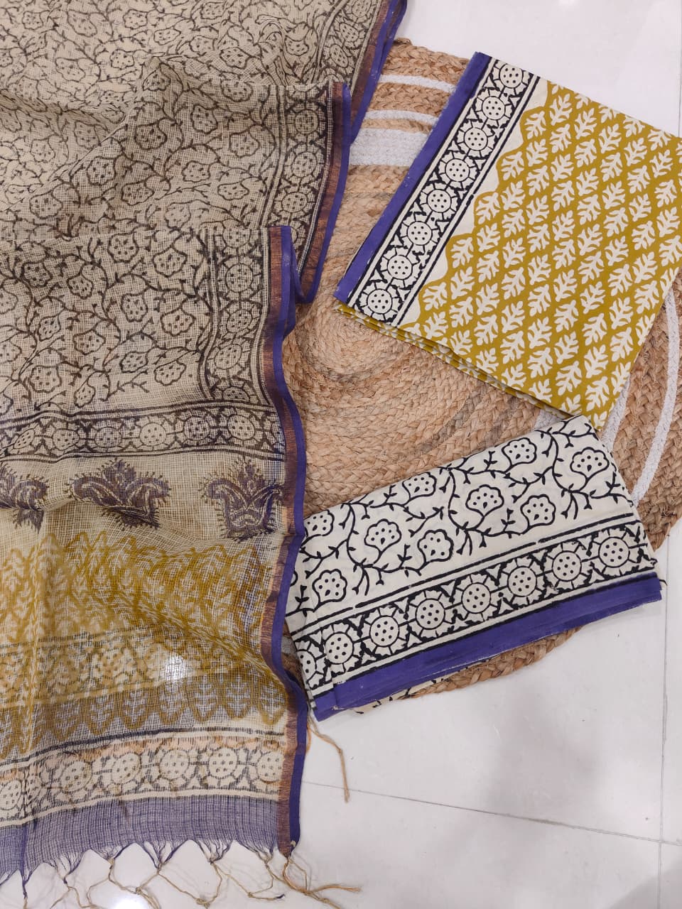 Mustard Yellow & Cream Hand Block Printed Cotton Suit with Kota Doria Dupatta | Traditional Bagru Floral Print (MVCOTKD07)