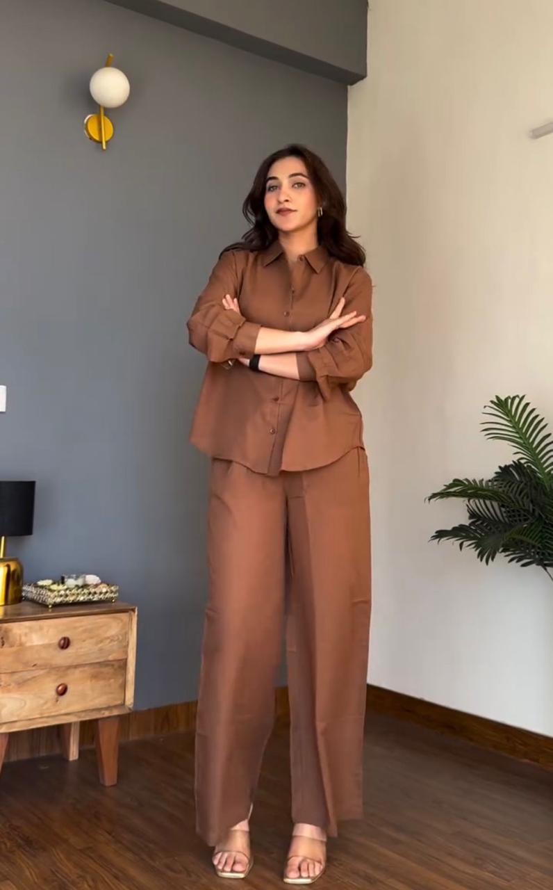 Choco Brown Pure Cotton Coord Set | Shirt & Wide Leg Pant