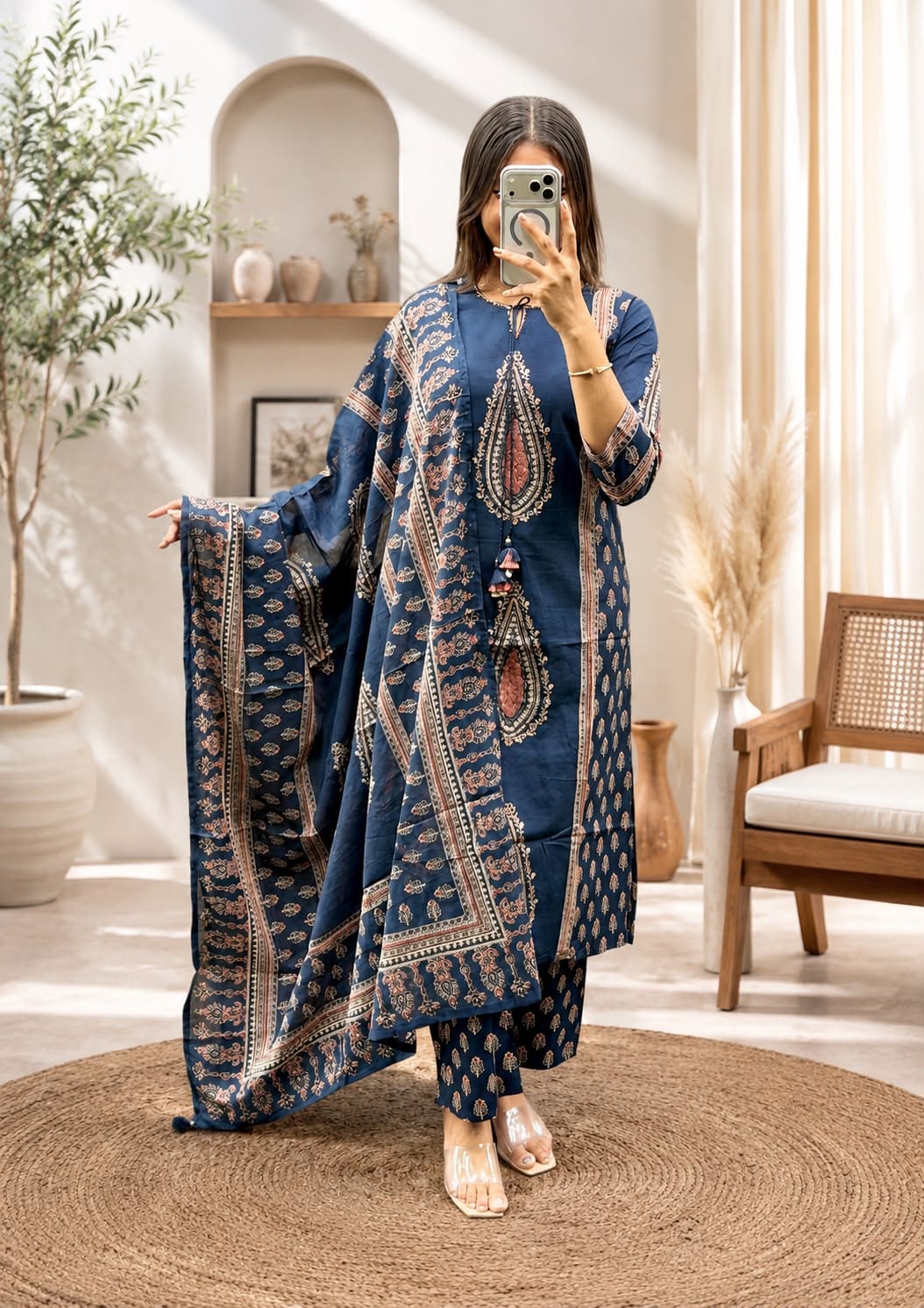 A woman takes a mirror selfie wearing a navy blue three-piece salwar kameez suit with intricate gold and beige geometric patterns, paired with matching pants and a coordinating dupatta, in a bright, modern room.