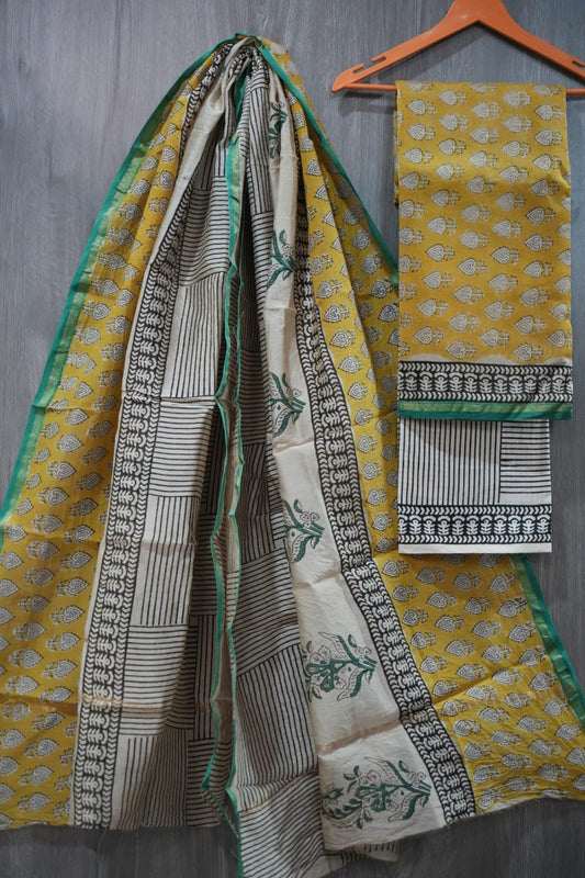 Mustard Yellow & Black Leaf Butti Hand Block Print Chanderi Silk Dress Material (MVCHS40)