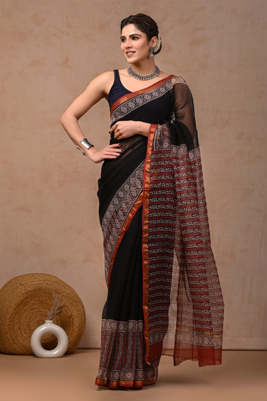 Black Kota Doriya Saree | Ajrak Hand Block Print Border | Natural Dye | Bagru Traditional Print (MVKS51)