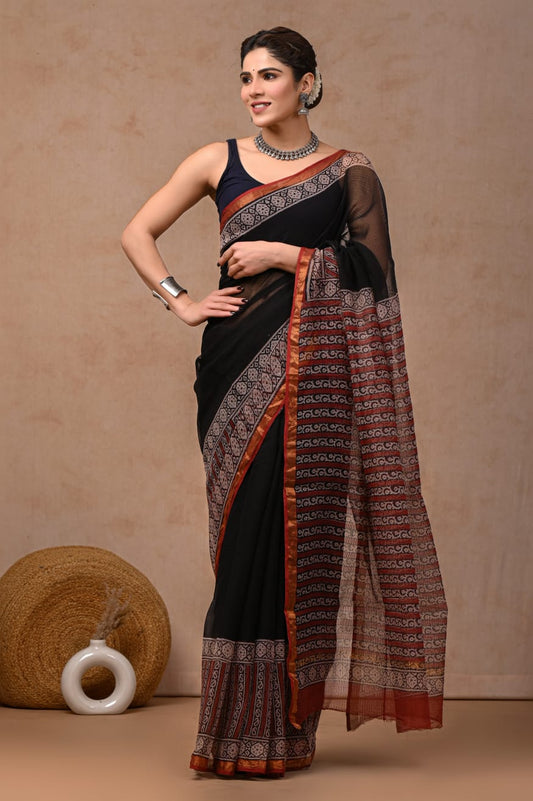 Black Kota Doriya Saree | Ajrak Hand Block Print Border | Natural Dye | Bagru Traditional Print (MVKS51)