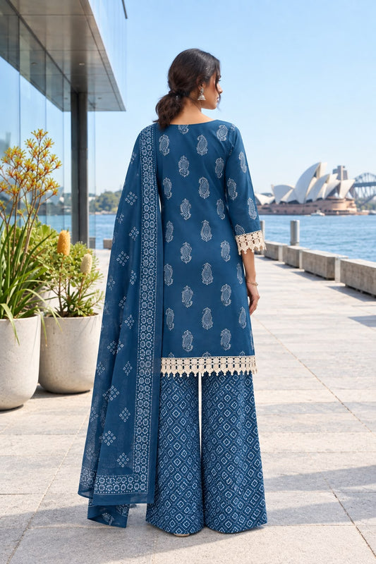 Teal Blue Printed Cotton Kurta Palazzo Set for Women