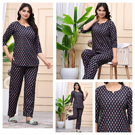 Black Printed Cotton Night Suit for Women | Stylish Nightwear Set (MVNS43)