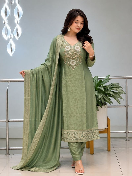 Sage Green Malai Glass Tissue Suit Set for Women