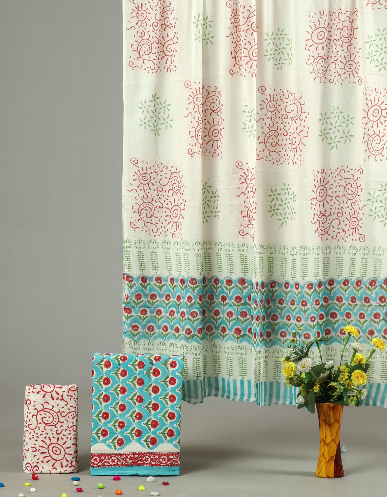 Off White Teal Floral Hand Block Printed Cotton Suit Set | Unstitched (MVCOT75)