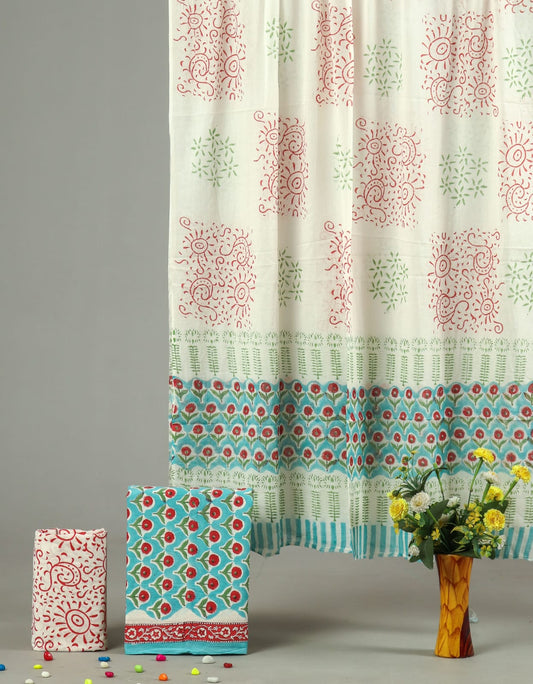 Off White Teal Floral Hand Block Printed Cotton Suit Set | Unstitched (MVCOT75)