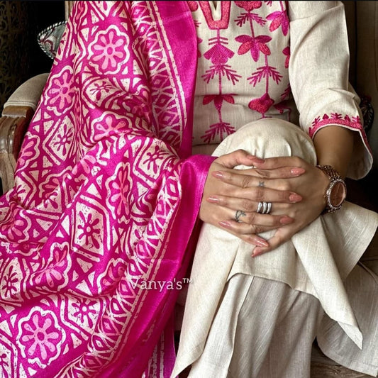Off White Pink Handloom Cotton Kurti Pant Dupatta Set with Aari Embroidery