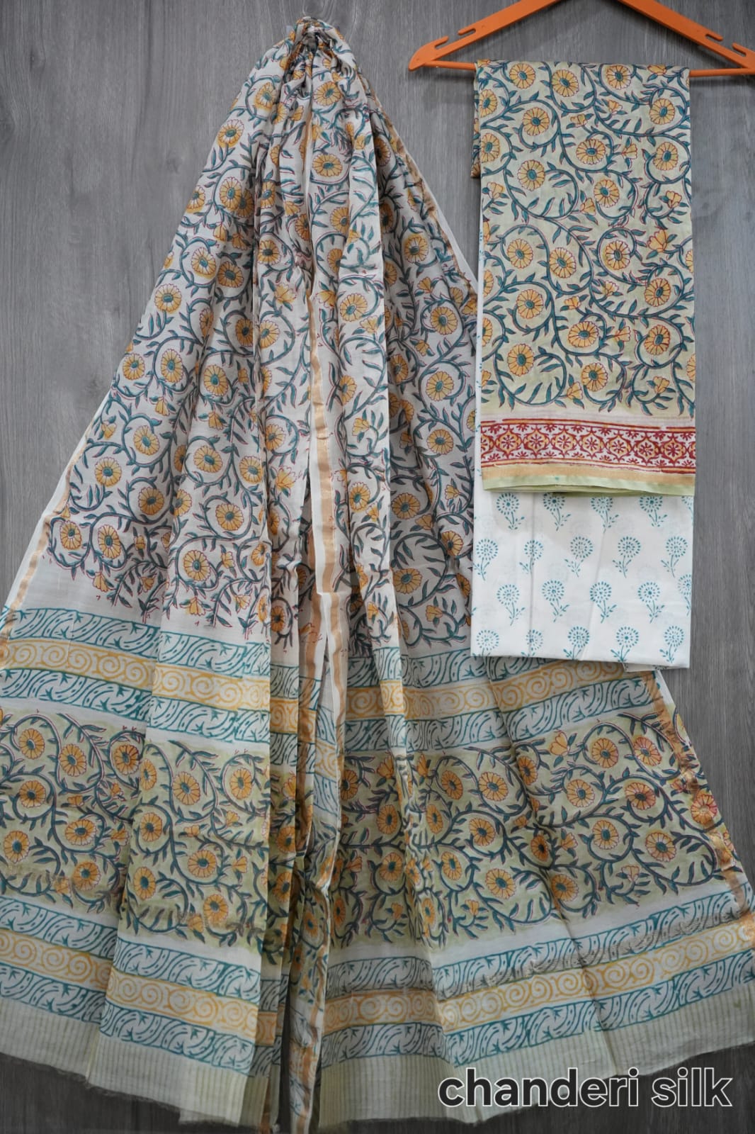 Cream & Mustard Genda Phool Jaal Hand Block Print Chanderi Silk Dress Material (MVCHS21)