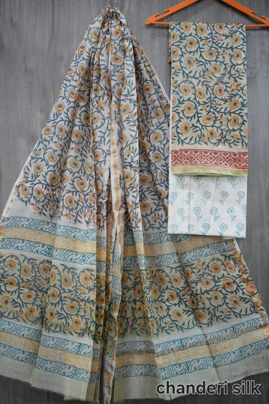 Cream & Mustard Genda Phool Jaal Hand Block Print Chanderi Silk Dress Material (MVCHS21)