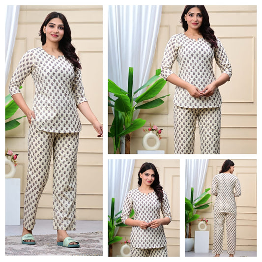 Cream Printed Cotton Night Suit for Women | Soft & Comfortable Nightwear (MVNS42)