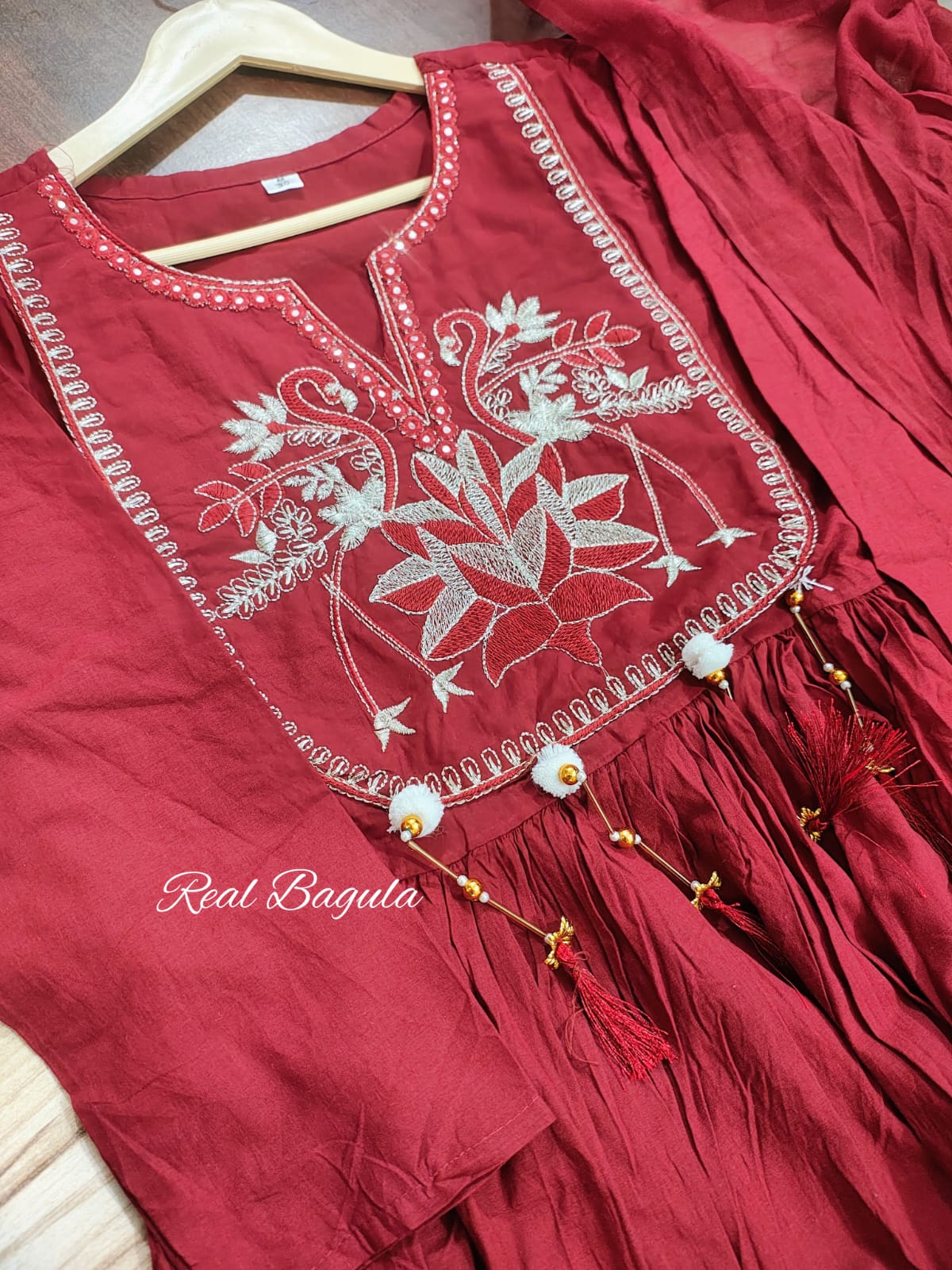Maroon Embroidered Anarkali 3-Pc Suit | Pure Cotton with Latkan