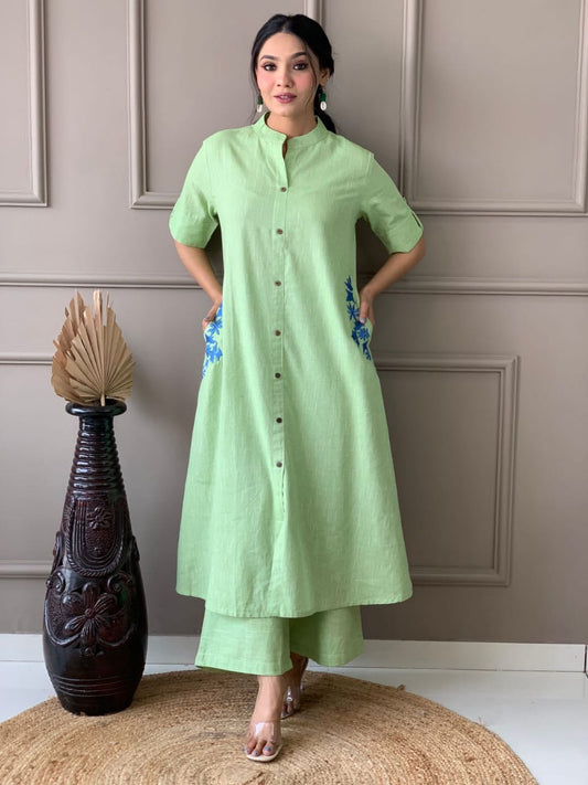 Elegant Light Green South Cotton Kurta Set | Hand Embroidered A-Line Cotton Kurta with Plazo